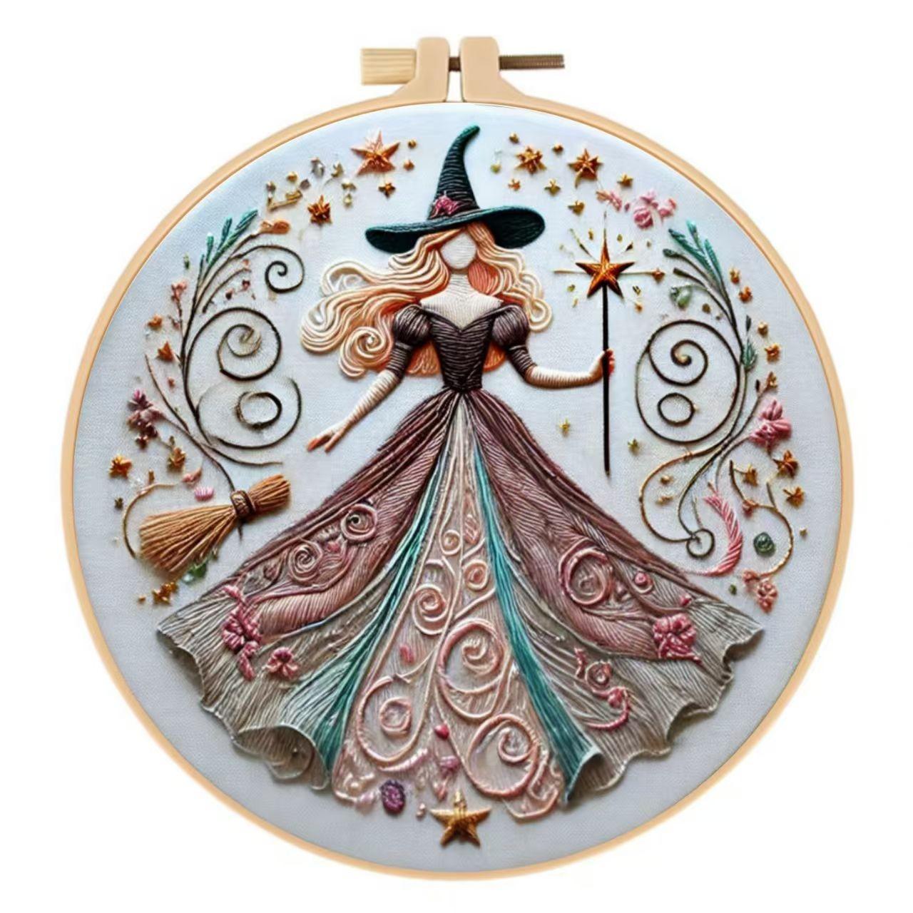 Beginner Embroidery Kit for DIY Lovers, Unique Embroidery Elegant Cross Stitch Set with Witch Design, Includes Cotton Fabric, Threads and Needles, 20cm Bamboo Style Frame, Handicraft