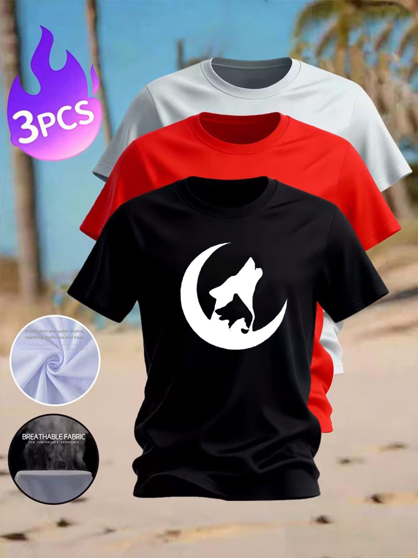 3-Pack Men's Howling Wolf & Moon Graphic T-Shirts - Casual Breathable  Tees for Outdoor & Daily Wear