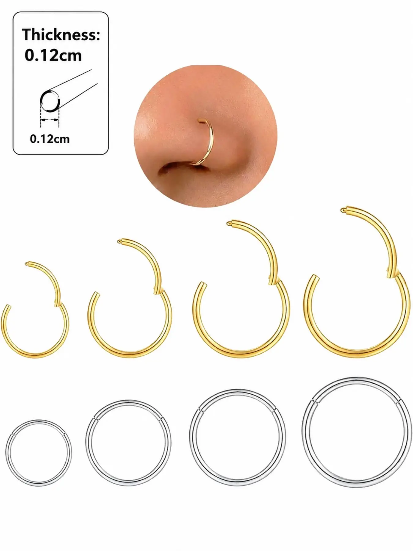 Hypoallergenic Nose Rings Hoops Set for Women Men, 8Pcs Gold & Silver 316L Surgical Stainless Steel Nose Hoops, 0.12cm Thickness Hinged Clicker Septum Rings for Nose Cartilage Body Piercing Jewelry, 6mm 8mm 10mm 12mm