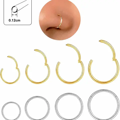 Hypoallergenic Nose Rings Hoops Set for Women Men, 8Pcs Gold & Silver 316L Surgical Stainless Steel Nose Hoops, Stainless Steel Noserings, 0.12cm Thickness Hinged Clicker Septum Rings for Nose Cartilage Body Piercing Jewelry, 6mm 8mm 10mm 12mm