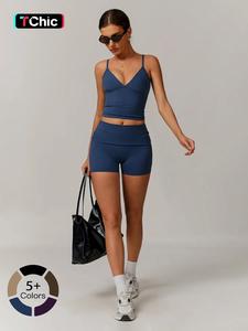 women's solid top & shorts sports set, casual breathable comfortable seamless two-piece set for yoga gym workout running, ladies sportswear for all seasons, sports clothing, activewear, workout sets women, elegant gym outfits, women workout clothes