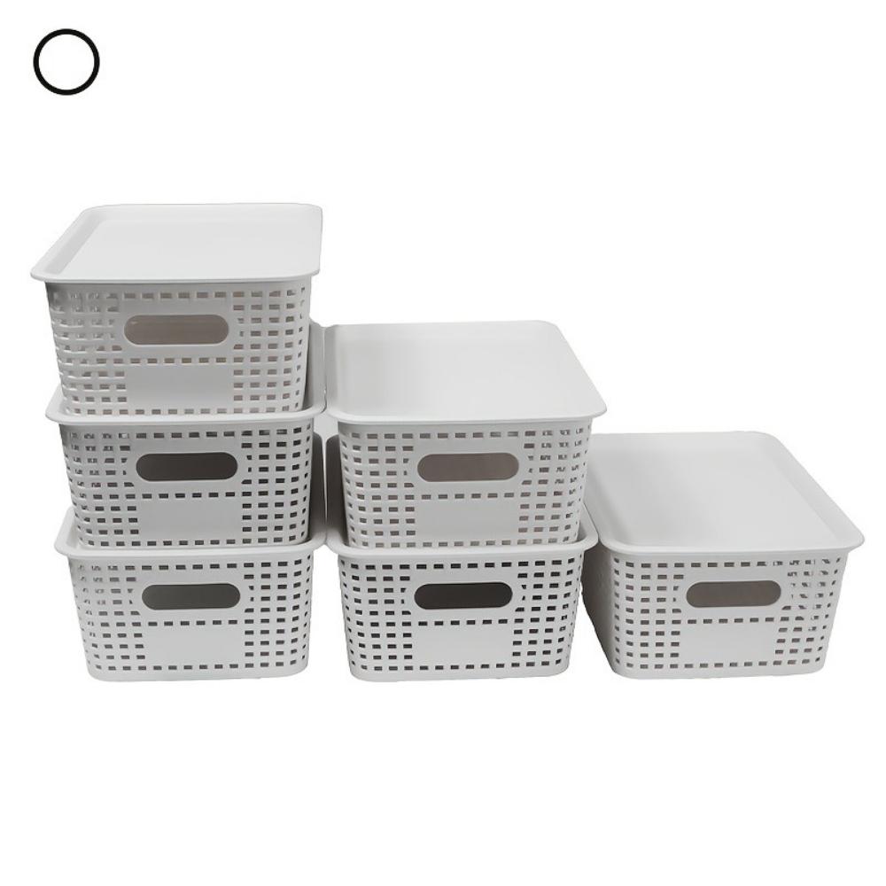 6-Piece Set of Plastic Storage Baskets with Lids (Black/White/Gray) — Stackable Decorative Organizer Bins for Shelves, Drawers, Desktops, Closets, Playrooms, Classrooms, and Offices