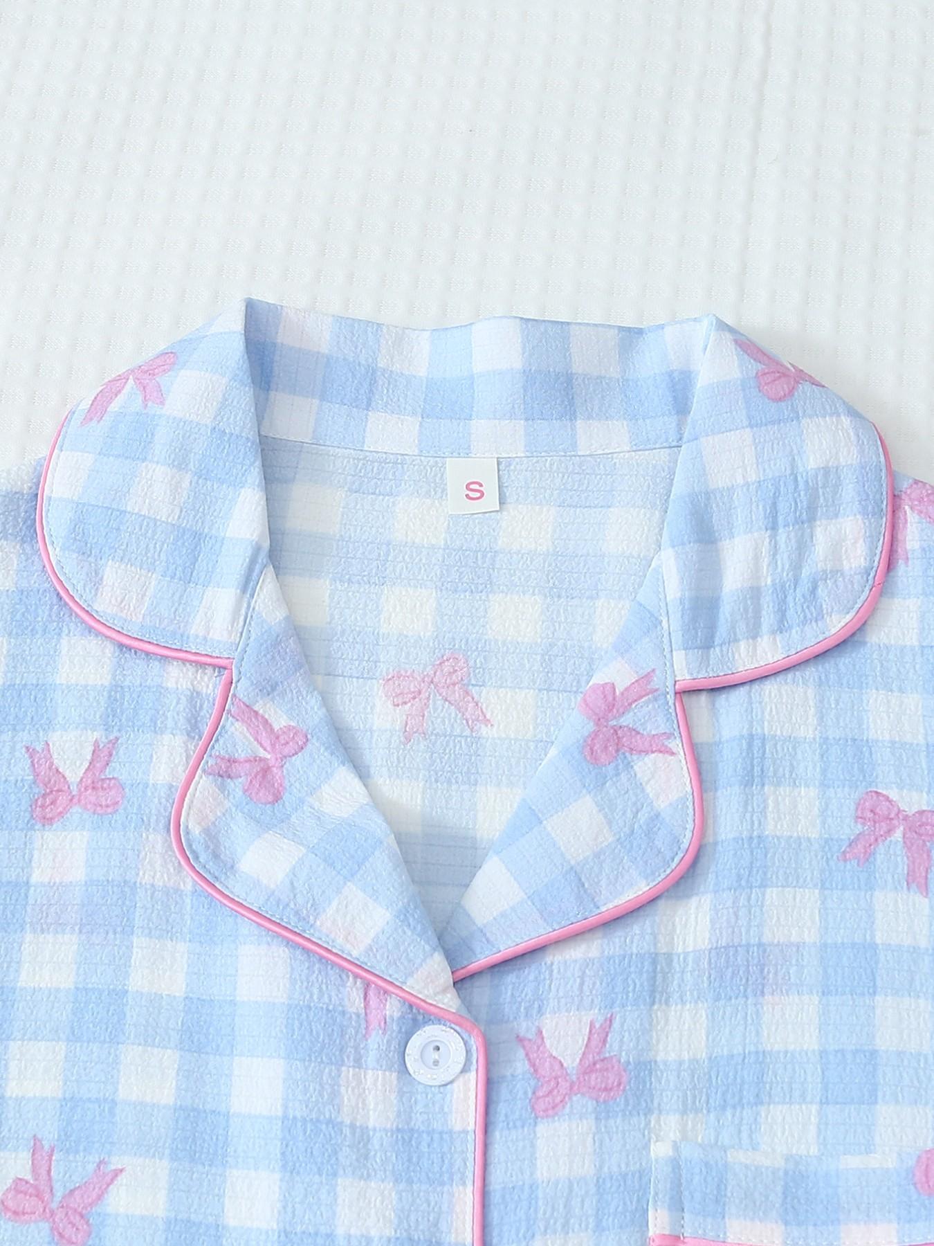Women's Short Sleeve Button Down Top and Shorts Pajama Set, Spring Summer Wear, Blue White Gingham With Pink Bow Print, Sweet Girl Style, Classic Lapel Collar With Contrast Pink Piping, Smooth Button Closure, Elastic Waist Shorts, Loose Fit, Comfortable F