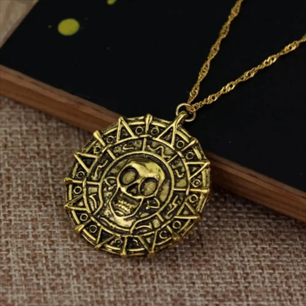 Jack Sparrow Nautical Style Necklace - Single Bead, Aztec Skull Pendant Coin Medallion, Simple Vintage Fashion Costume Jewelry, All Seasons Accessory, Pirate