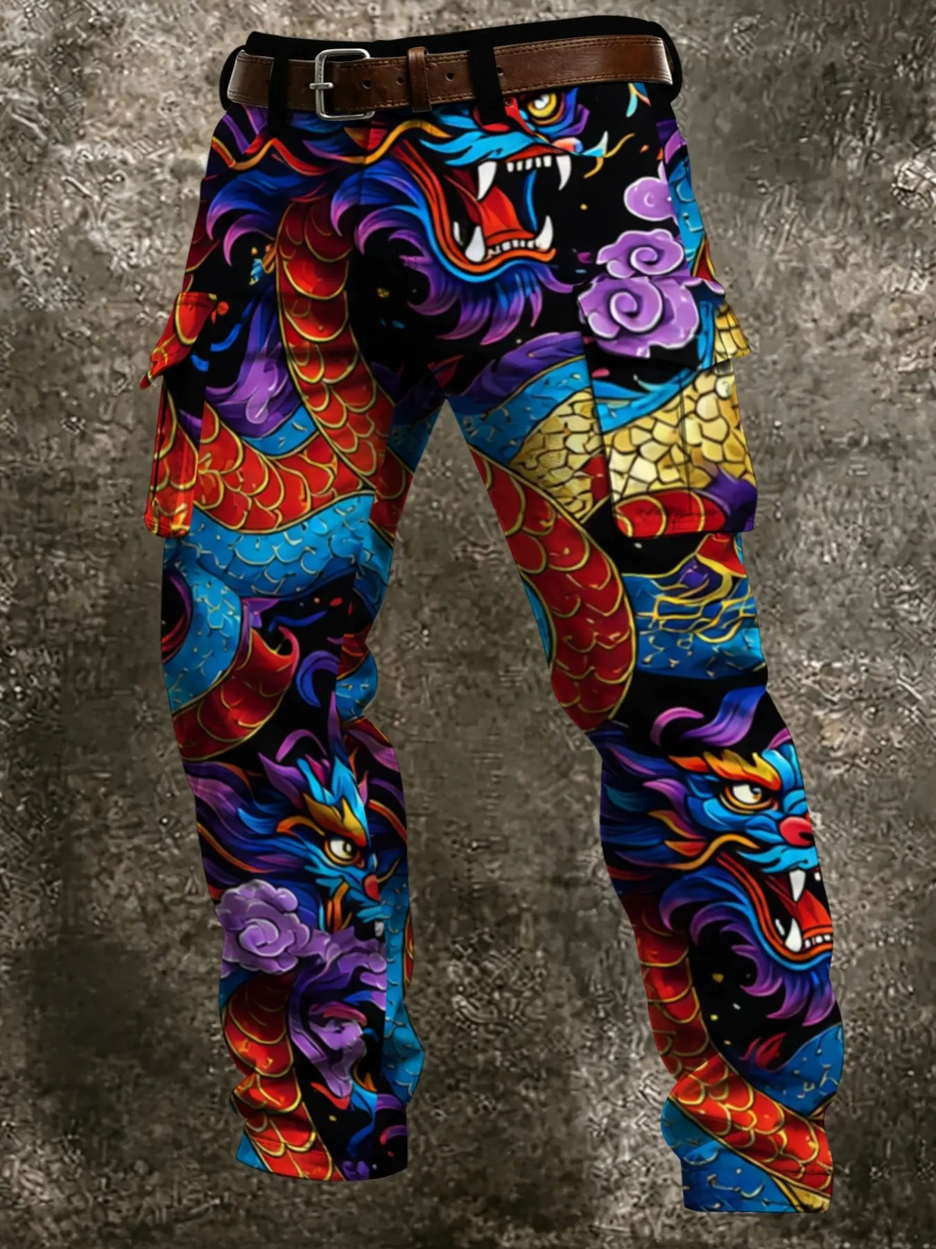 American Tattoo Style Five Sacred Dragon Cloud Print Work Pants, Asian Dragon Element Casual Streetwear Men's Wide Leg Work Pants