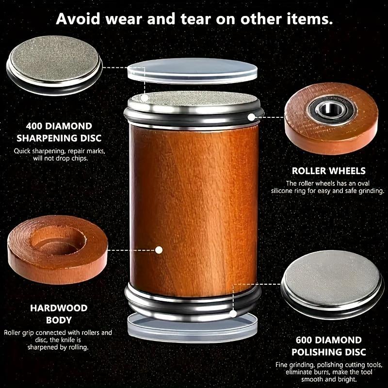 Rolling Knife Sharpener Kit With Diamonds And CeramicDiscs,With Different Angles For Sharp Edges,For AnyHardness Of Steel, medium, Wooden sharpening tumbler forhoning knives pocket knife Kitchen Gadgets KitchenGadgets