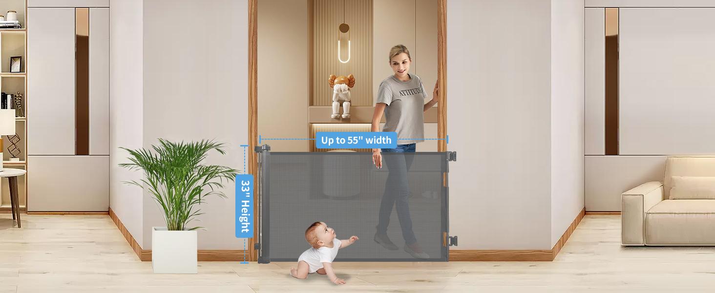Dearlomum Retractable Baby Gate 33" Tall Extends up to 55" 71" 118" 168" 197" Wide Child Safety Gate for Doorways Stairs Hallways Indoor Outdoor Infant Mesh Dog Gate