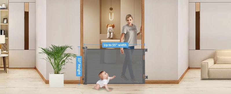 Dearlomum Retractable Baby Gate 33" Tall Extends up to 55" 71" 118" 168" 197" Wide Child Safety Gate for Doorways Stairs Hallways Indoor Outdoor Infant Mesh Dog Gate