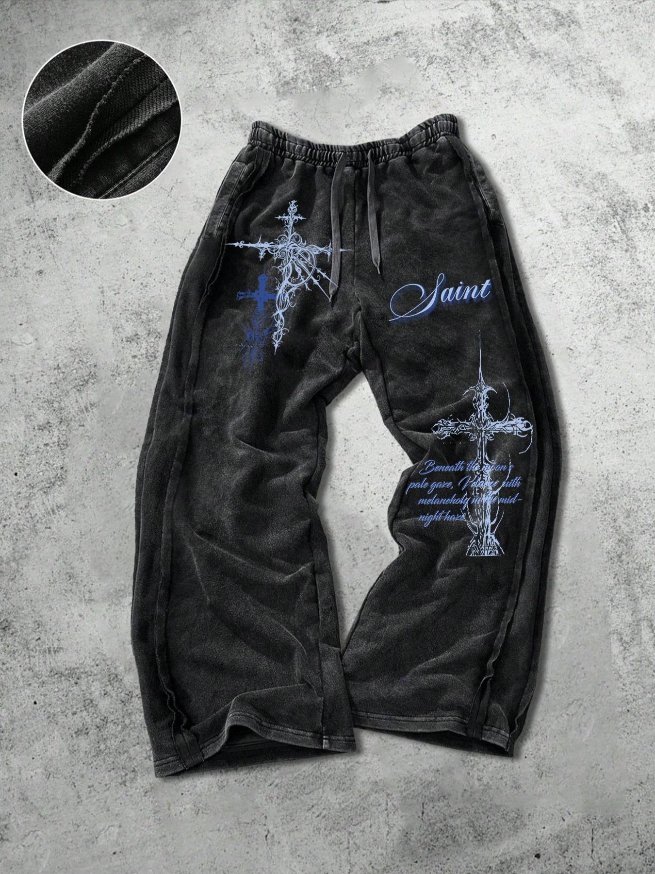 Unisex Gothic Street Style Saint's lettering and Gothic cross pattern print Cotton Sweatpants, Loose Fit Elastic Waist, Casual Fashion Pants for All Seasons,Gothic outfits， Men's Daily Wear Gift