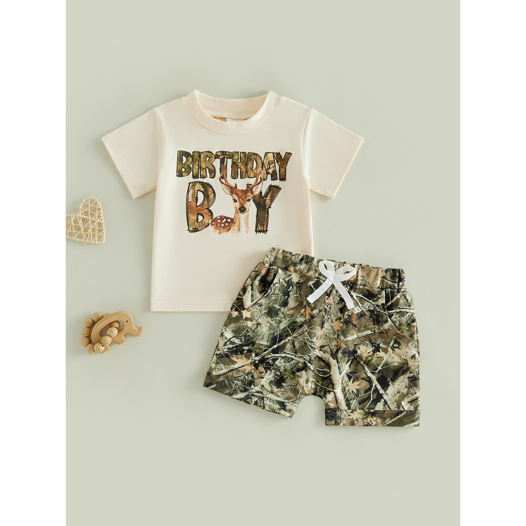 Toddler Baby Little Boy Birthday Outfit Letter Deer Print Short Sleeve Tops and Shorts Set 1-5 Years