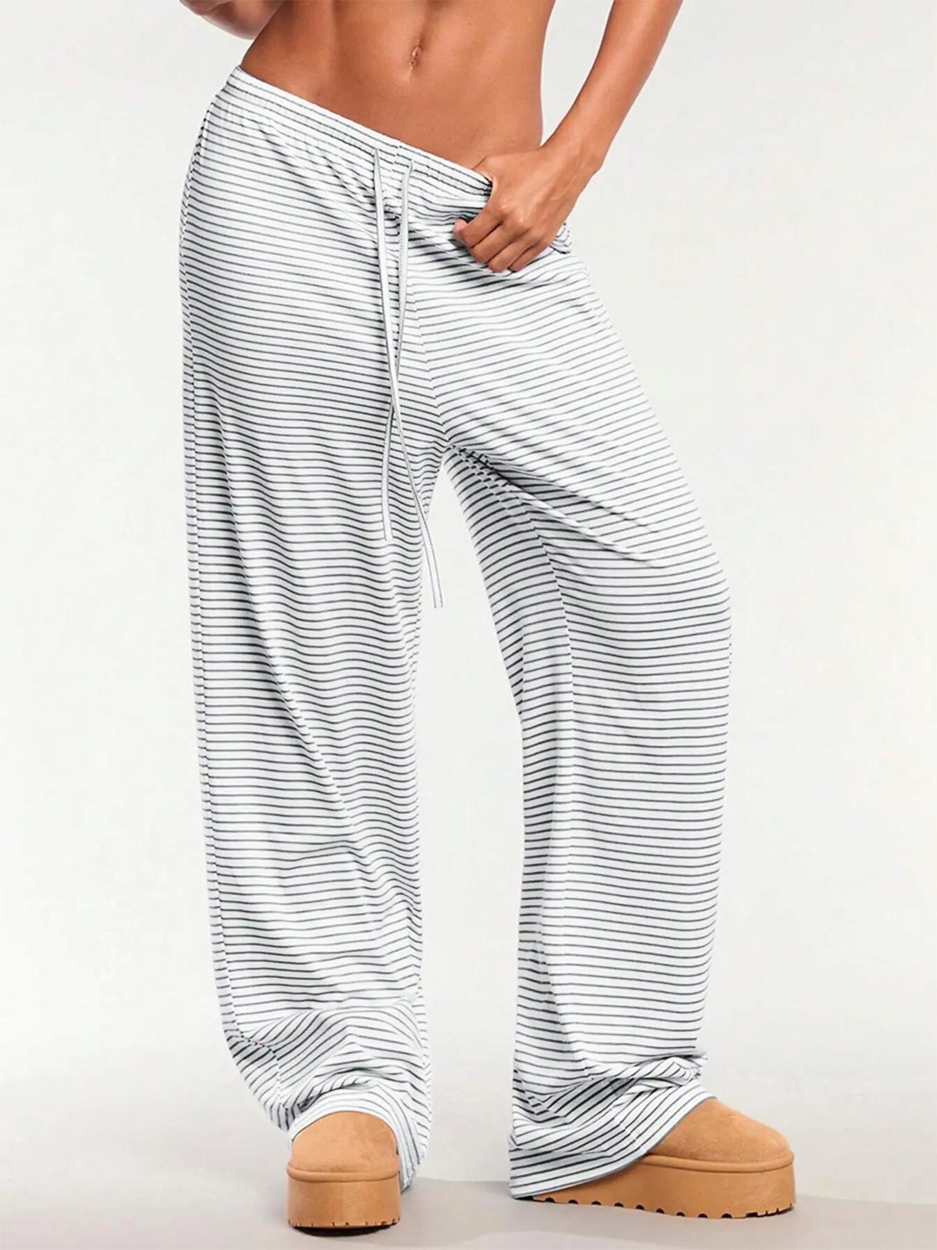 Women's Striped Print Drawstring Waist Pants, Casual Comfy Trousers for Daily Wear, Ladies Bottoms for Fall