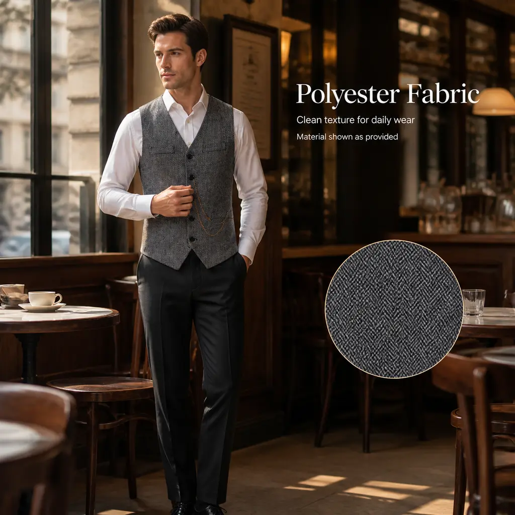 Men's Retro Herringbone Formal Suit Vest - Sleeveless V-Neck Single-Breasted Vintage Layer Vest for Business, Costume Party Aesthetic Basic