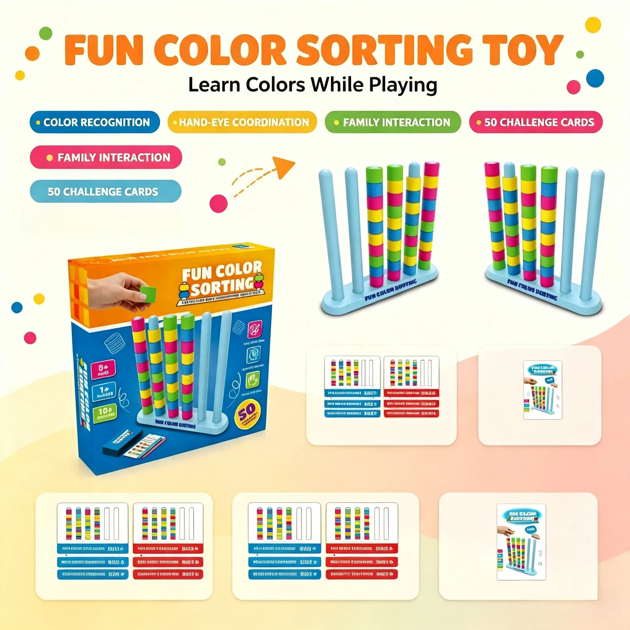 Color Stacking Challenge Game, Fast-Paced Color Matching Puzzle, Interactive Party and Family Fun, Includes 2 Stands, 50 Cards, 80 Rings, Ages 8+, Boxed