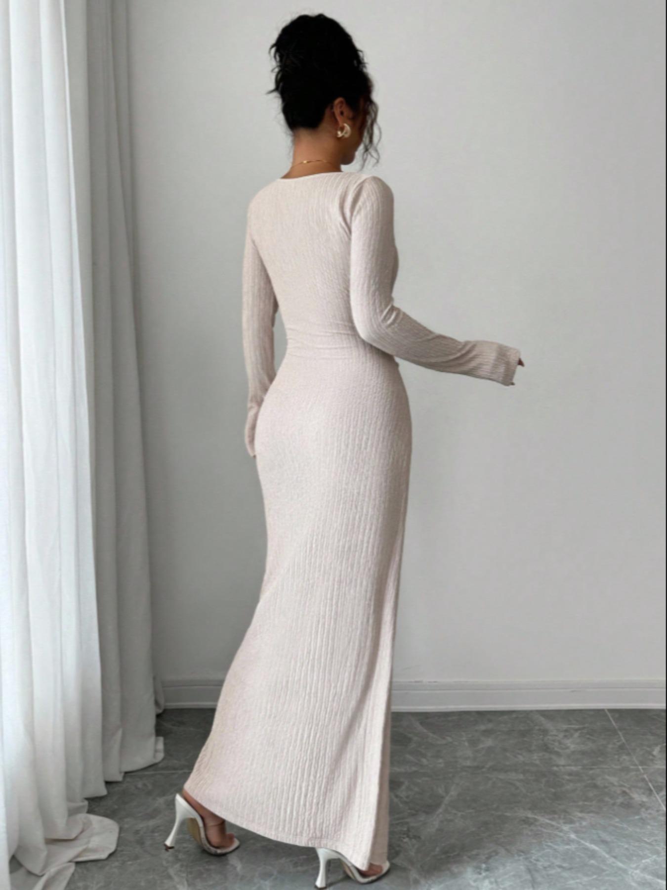 Women's Plain Fashion Twisted Long Dress, Asymmetrical Neck Knit Texture Tight Fit, Elegant Fall Winter Clothing, Twist Split Design