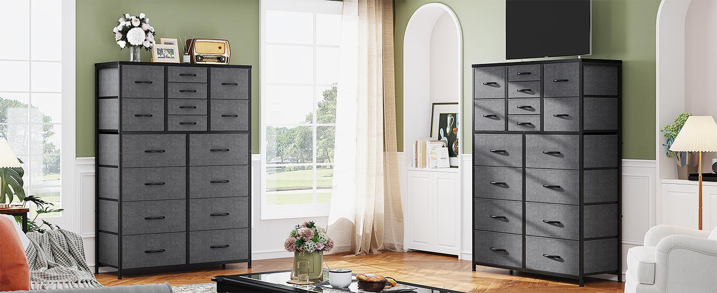 Raybee Furniture Tall Dresser for Bedroom,16 Drawer Dressers & Chests of Drawers, Fabric Bedroom Dresser with Wood Top, Metal Frame,Storage Drawer for Closet Entryway