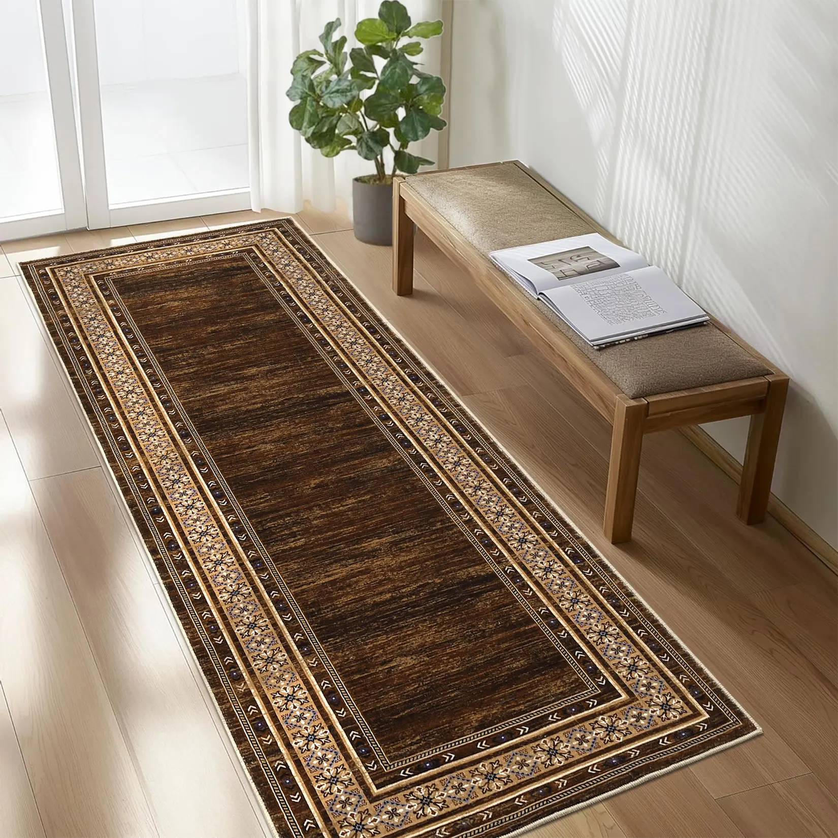 Washable Area Rug, Brown Floor Cover, Non Slip Foldable Thin Rug Distressed Geometric Bordered Carpet Kitchen Rug for Living Room Bedroom