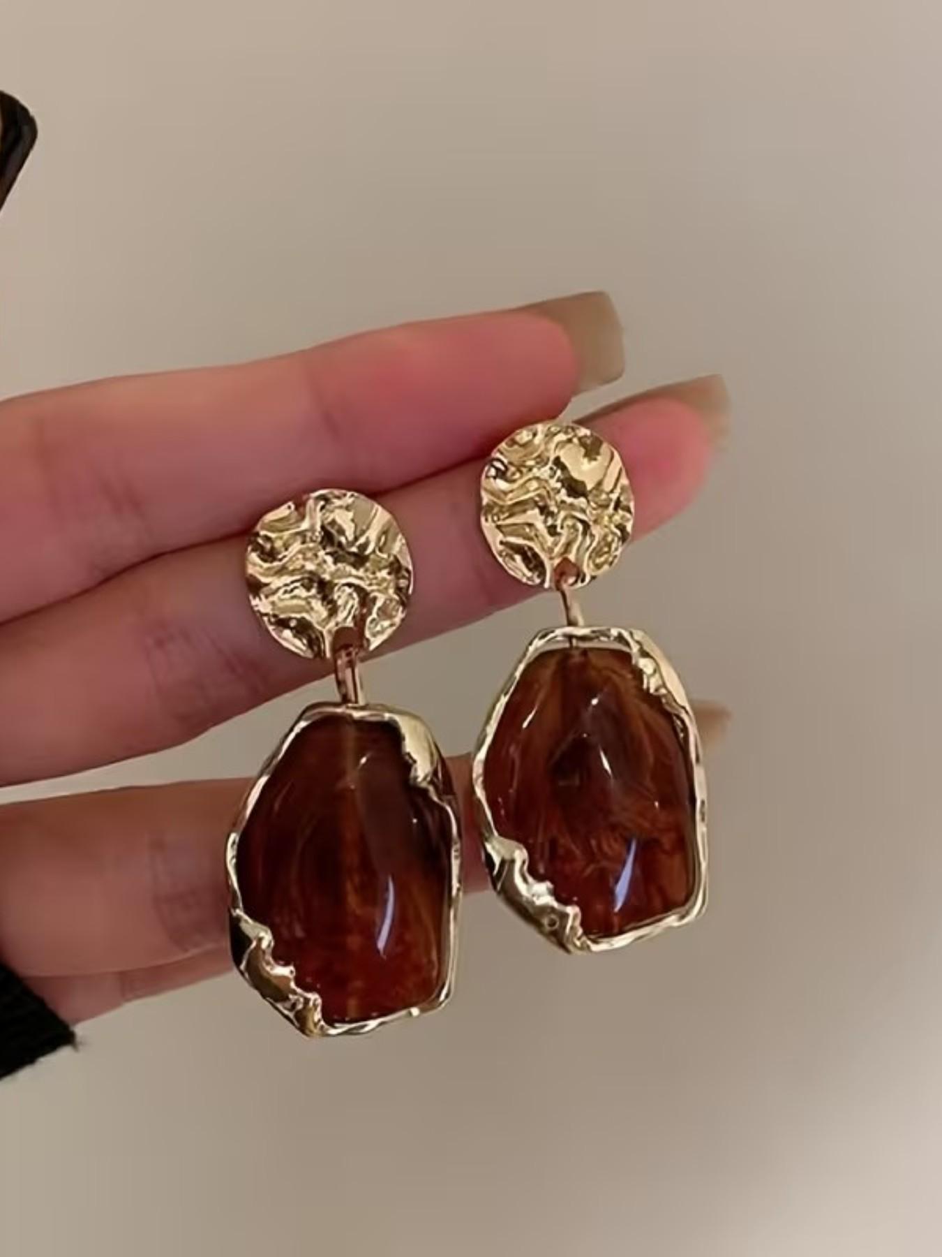 Vintage Elegant Irregular Geometric Resin Dangle Earrings, Simple Chic Style, Women's Metal Texture Earrings, Perfect for Daily Wear, Ideal Gift