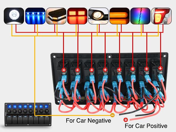 Nilight 8-Gang Pre-Wired Waterproof Rocker Switch Panel - 8-Gang Setup, Resettable Circuit Breakers (5A,10A,15A), LED Backlight, 3-Pin 12V-24V ON-Off Toggle Switches, Screw Included, Easy Installation, for Most DC 12V-24V Cars, Caravan, Marine Boat