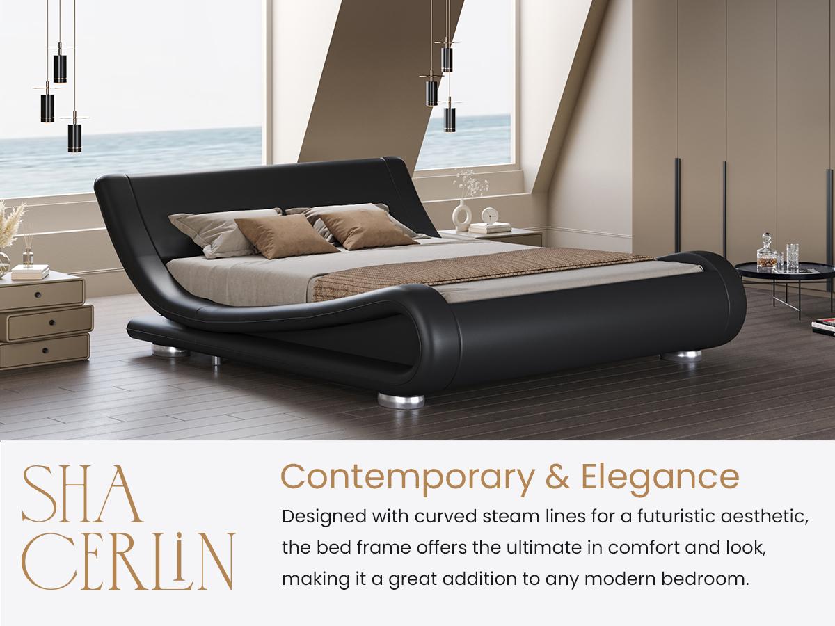 SHA CERLIN Upholstered Bed Frame【Frame Only No Mattress】Deluxe Low Profile Sleigh Bed with Faux Leather Ergonomics Headboard, No Box Spring Needed#ChristmasGifts#TikTokShopBlackFriday