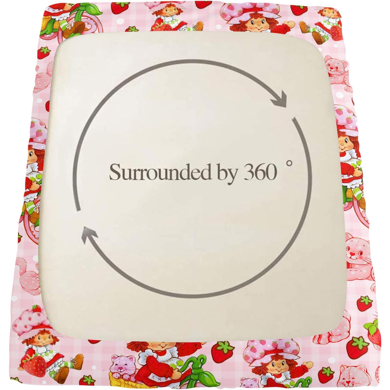 Strawberry Sweetheart Fitted Sheet Set & 2 Pillowcases No Core, Pink White Plaid, Pink Cat & Full Print Strawberry Design, Soft Anti-Slip Wrinkle-Resistant, Fairy-Tale Girls Room, Kids Room Decor Gift Choice