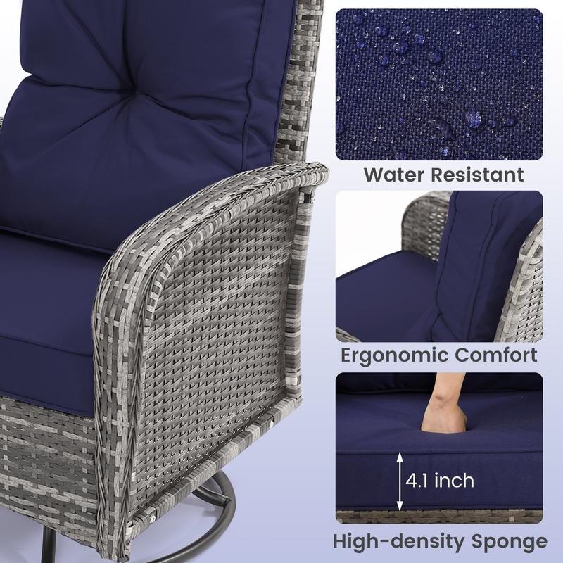 2 Luxury Outdoor Swivel Wicker Glider Patio Chairs with Glass Table Set, Overstuffed Washable Cushions, Ideal for Porch, Balcony, Deck, Grey Rattan and Blue Cushions. wicker  furniture