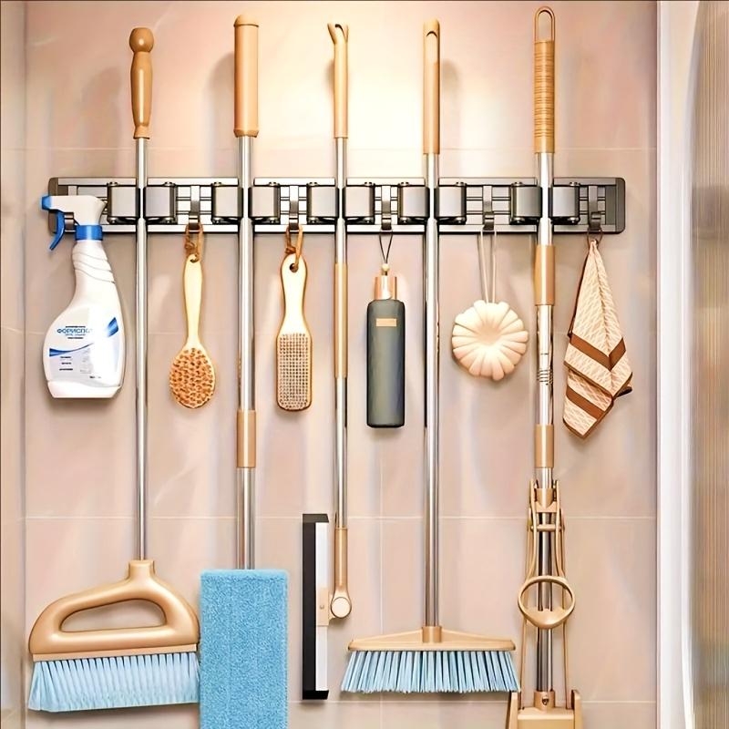 1/6 high-quality plastic mop and broom wall-mounted holders with adjustable hooks, 1 piece wall-mounted storage rack suitable for home, kitchen, garden, laundry room and garage - painted, space-saving mop holder, broom holder and tool holder, storage rack
