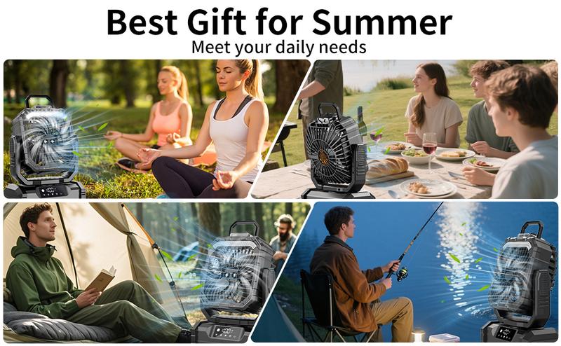 20000mAh Rechargeable Camping Fan with LED Light, Portable Multi-Function Fan with Spray Humidification, Shaking Head Emergency Camping Fan, Wireless Rotation, Battery Powered, Lightweight and Portable