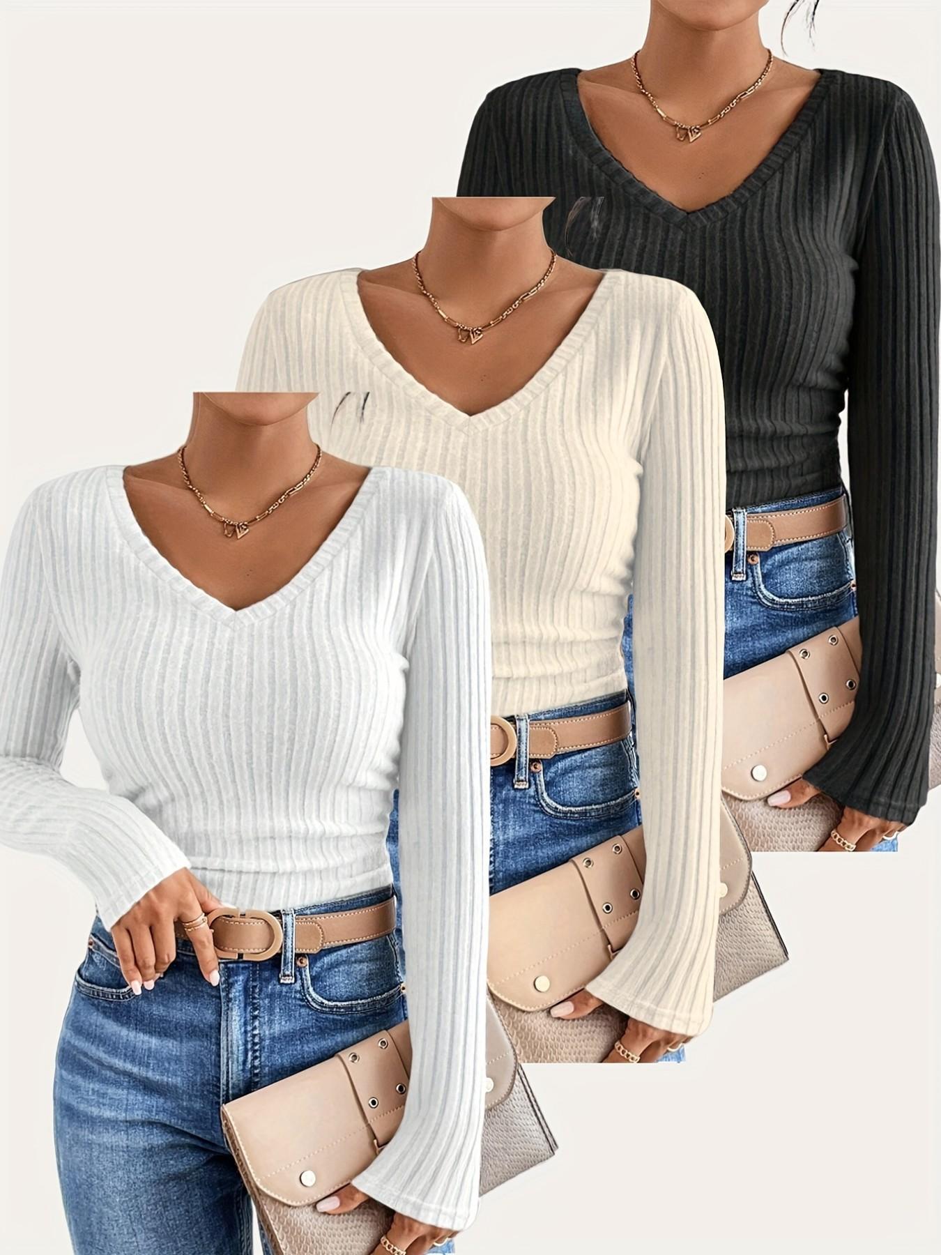 New Women's Fall Winter Solid V-Neck Long Sleeve T-Shirt Set of Three, Stylish, Casual and Comfortable for Daily Wear