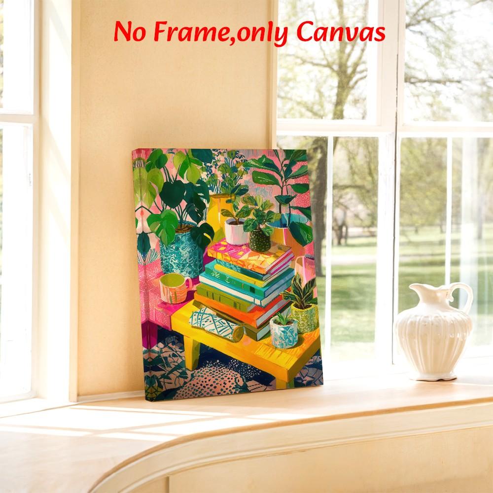 Vibrant Wall Art, Colorful Maximalist Houseplant & Book Stack Still Life Poster, Boho Expressionist Style Printing, Multicolor Bright Tone Canvas Decoration, Living Room & Study Aesthetic, Perfect Housewarming Gift, Framed.
