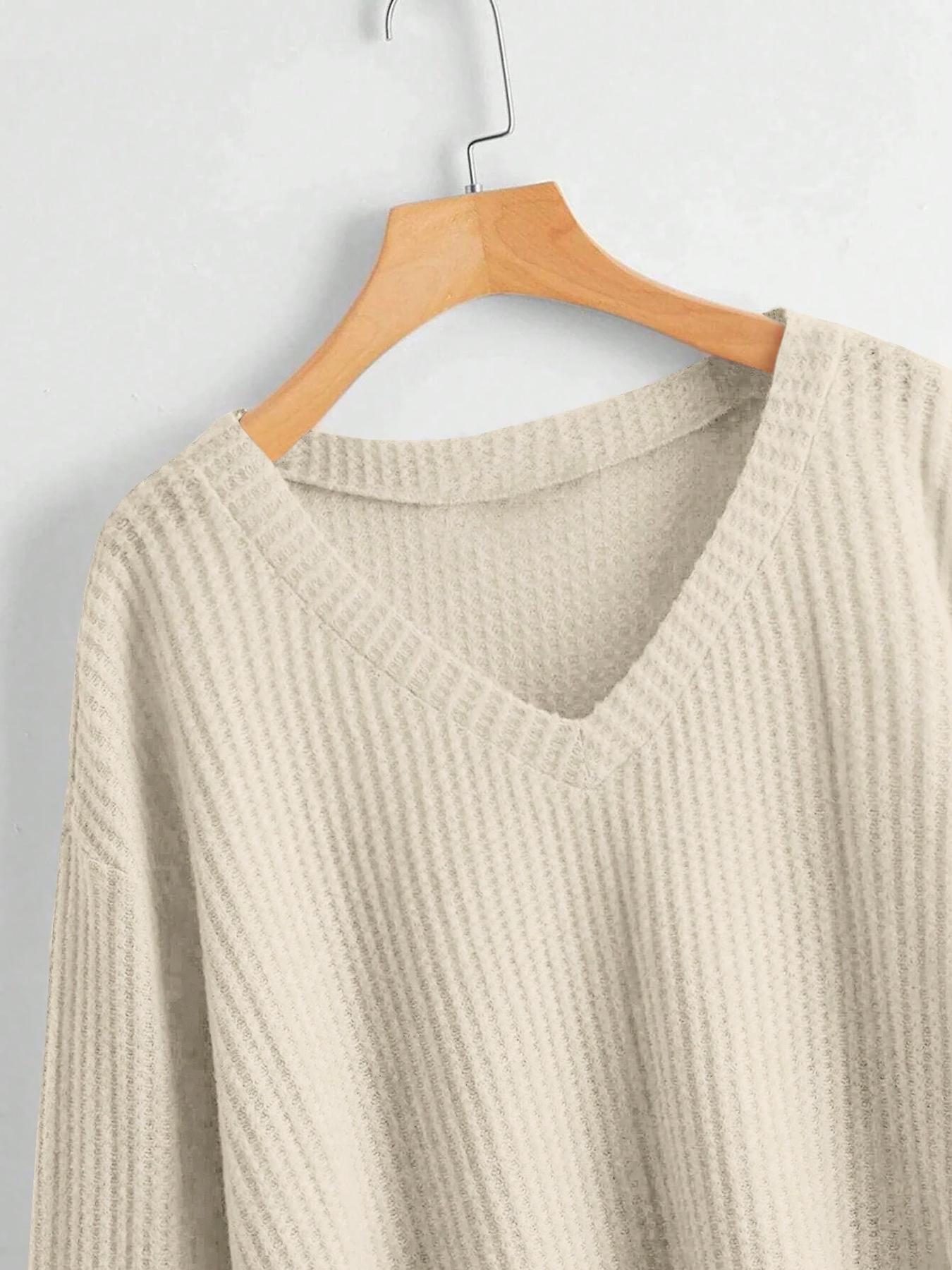 Women's Solid Color V Neck Drop Shoulder Long Sleeve Casual Loose Waffle Knit T-Shirt, Basic Spring & Fall Fashion, Comfortable Fit