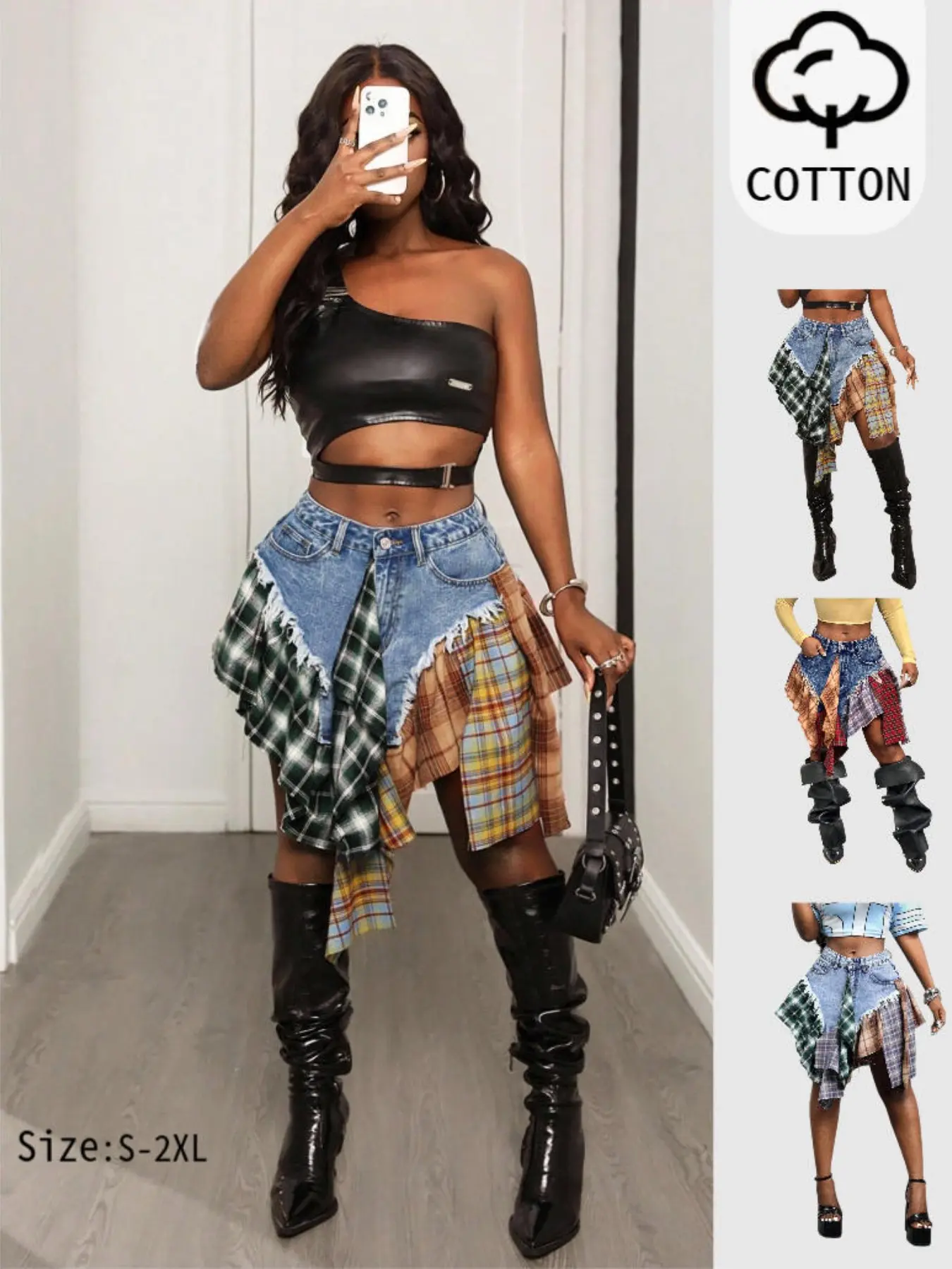 Women's Asymmetrical Half Skirt, Denim Cotton Patchwork, Colorful Plaid Design, Knee-Length, Loose-Fitting, All Seasons, Egirl Skirts