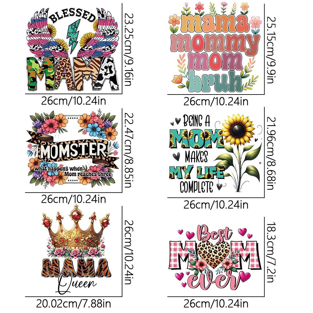 Mother's Day Heat Transfer Iron-On Patches Set, Vintage Style Mama Vinyl Stickers, Leopard Sunflower Rose Cow Print, DIY Clothing Bag Decorations