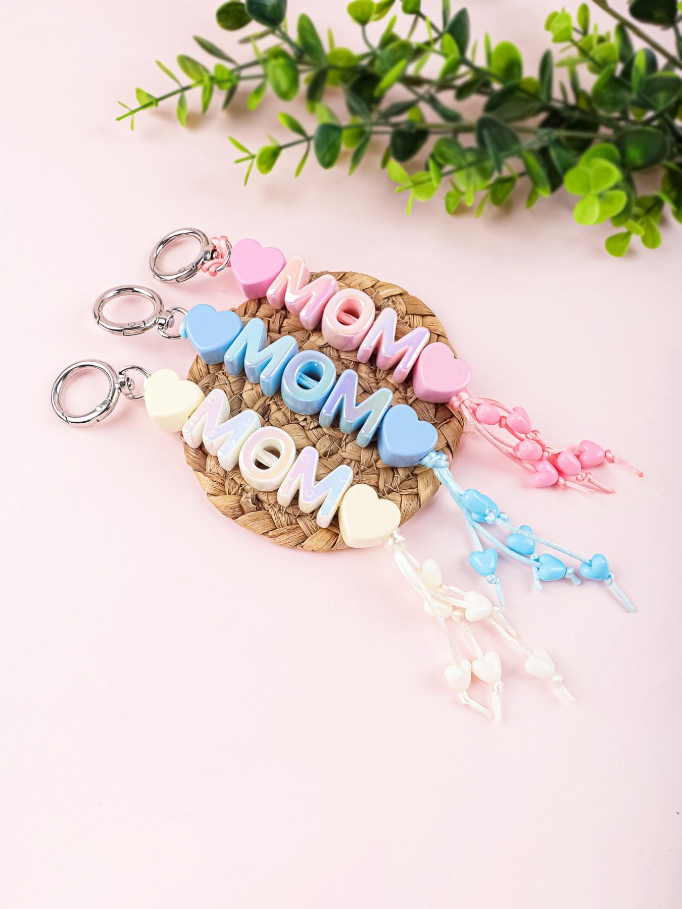 Mom Keychain, Heart Beaded Keychain, Iridescent Letter Keychain, Macaron Color Bag Charm, Tassel Heart Strap, Mother's Day Gift, Cute Aesthetic Keychain