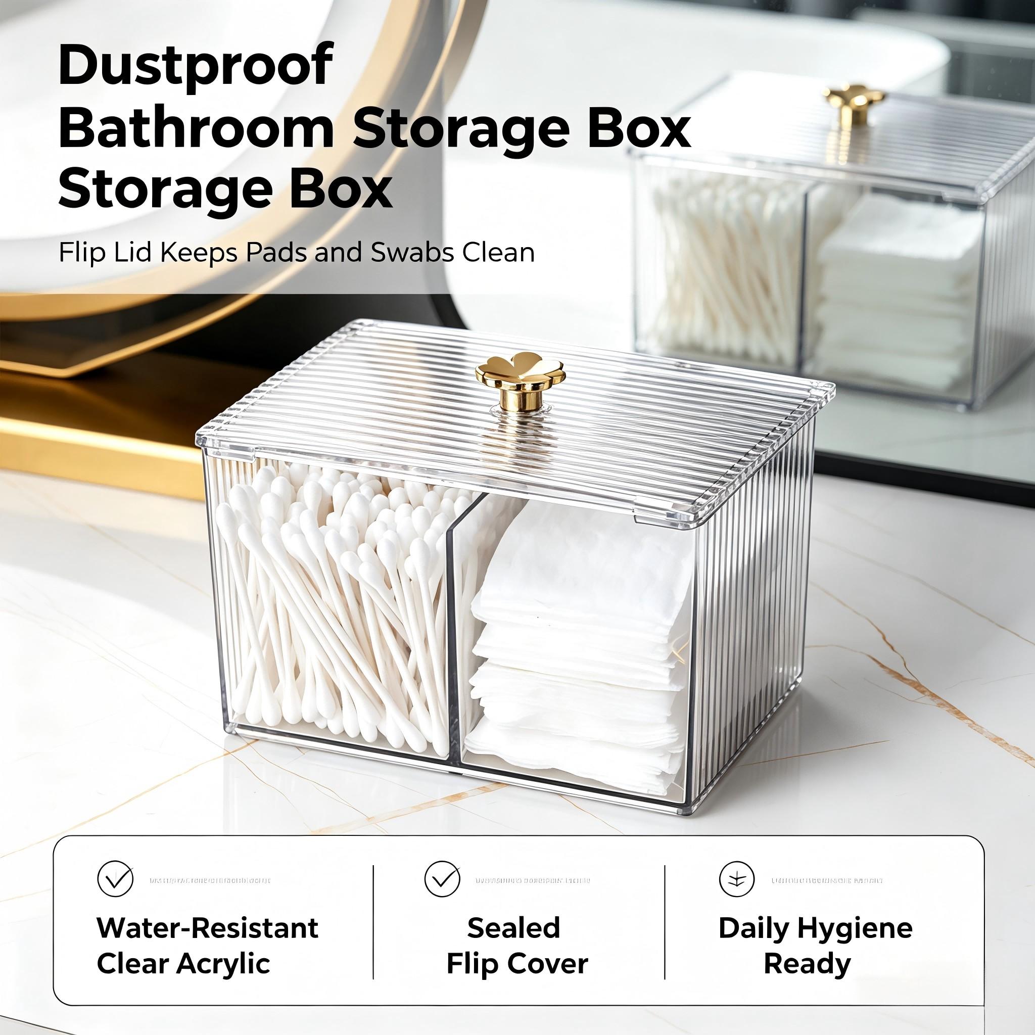 Clear Acrylic Makeup Organizer, 2‑Compartment Dustproof Vanity Storage Box with Lid, Ribbed Cosmetic Container with Lucky Clover Gold Knob for Cotton Pads, Q‑tips & Small Beauty Tools