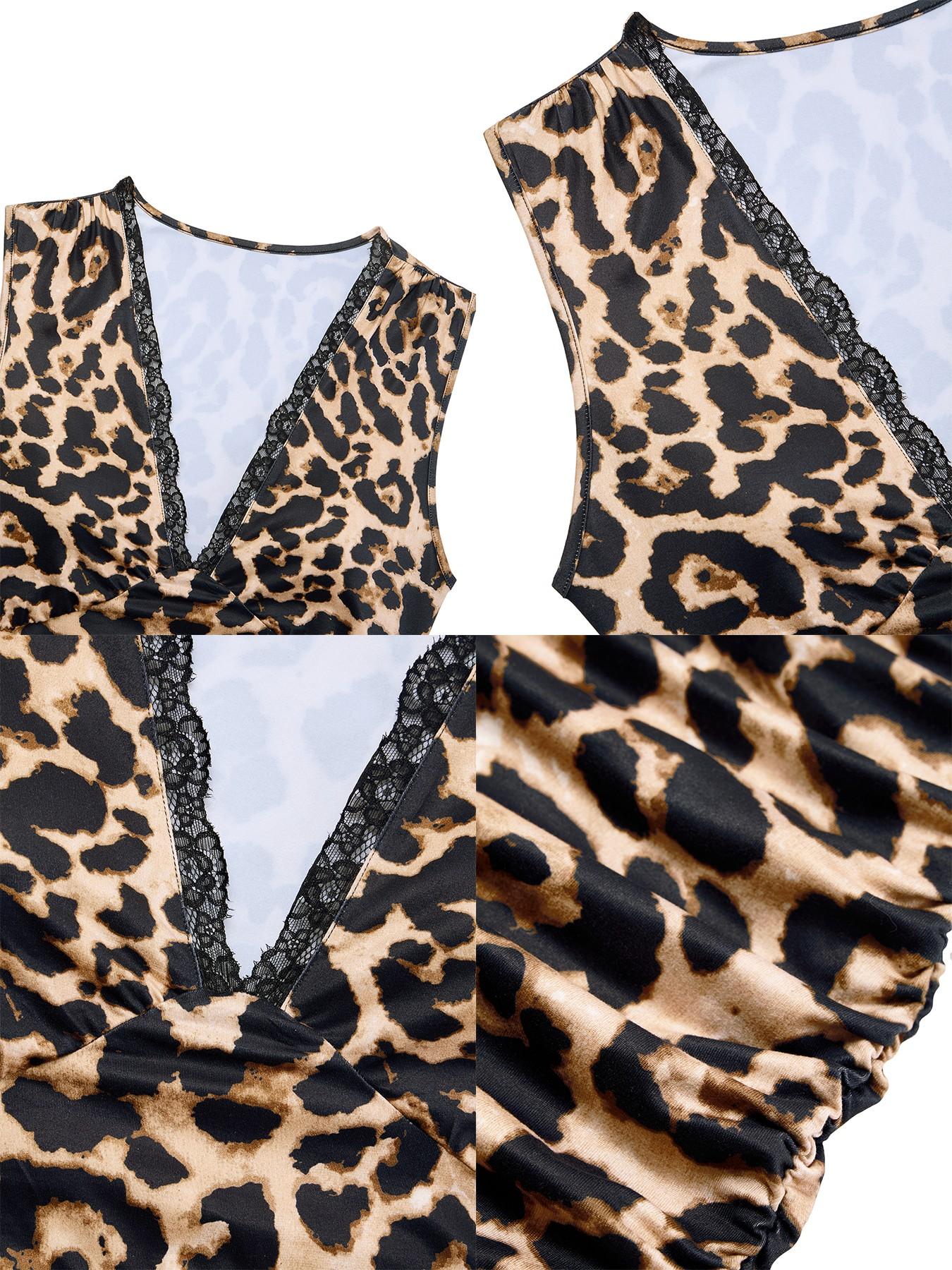 Women's Leopard Print Sleeveless Dress, Deep V Neck Contrast Lace Design, Slim Fit High Waist Back Slit, All Season Elegant Chic Fashion