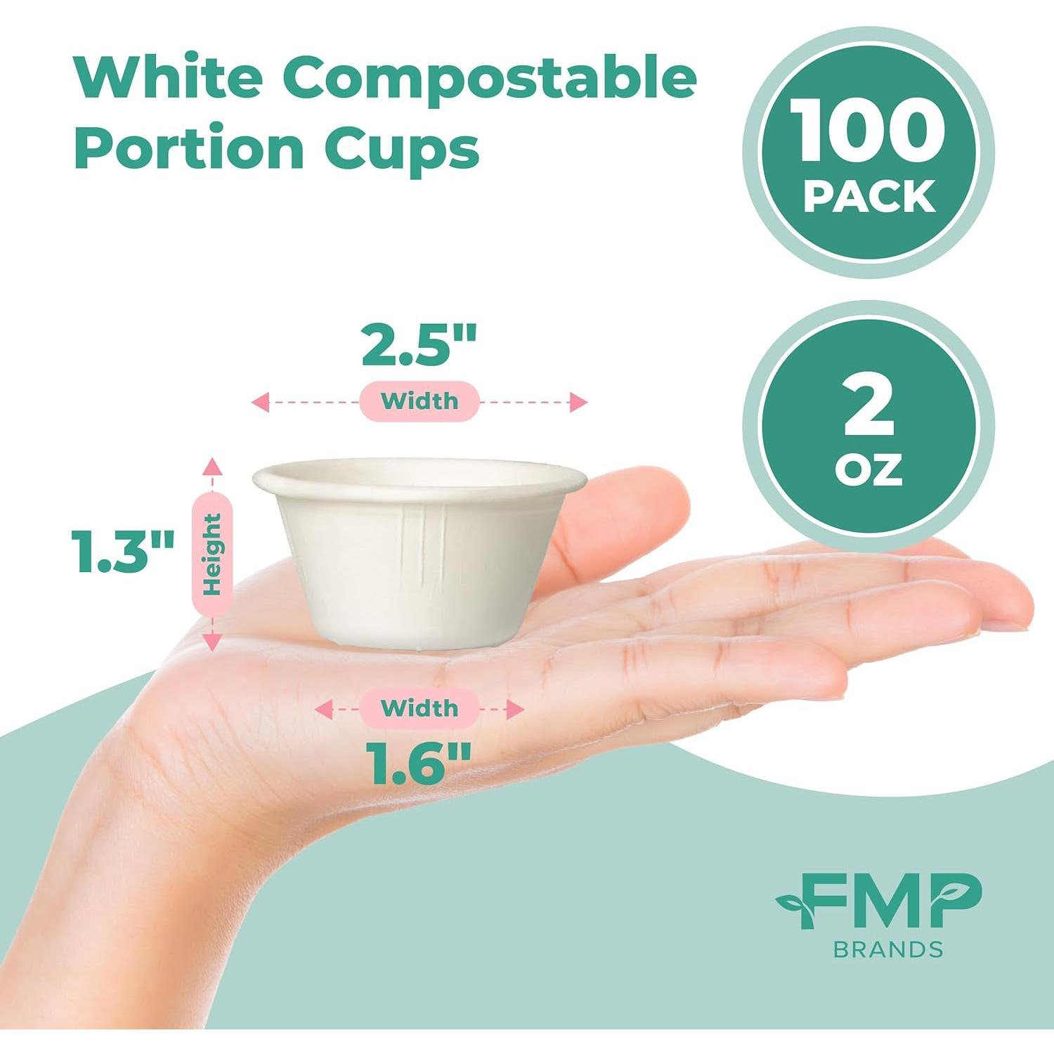 [100 Pack] 2 Oz Compostable Disposable Condiment & Sample Cups,  Bagasse Fiber Souffle Portion Cups,  Microwave Safe
