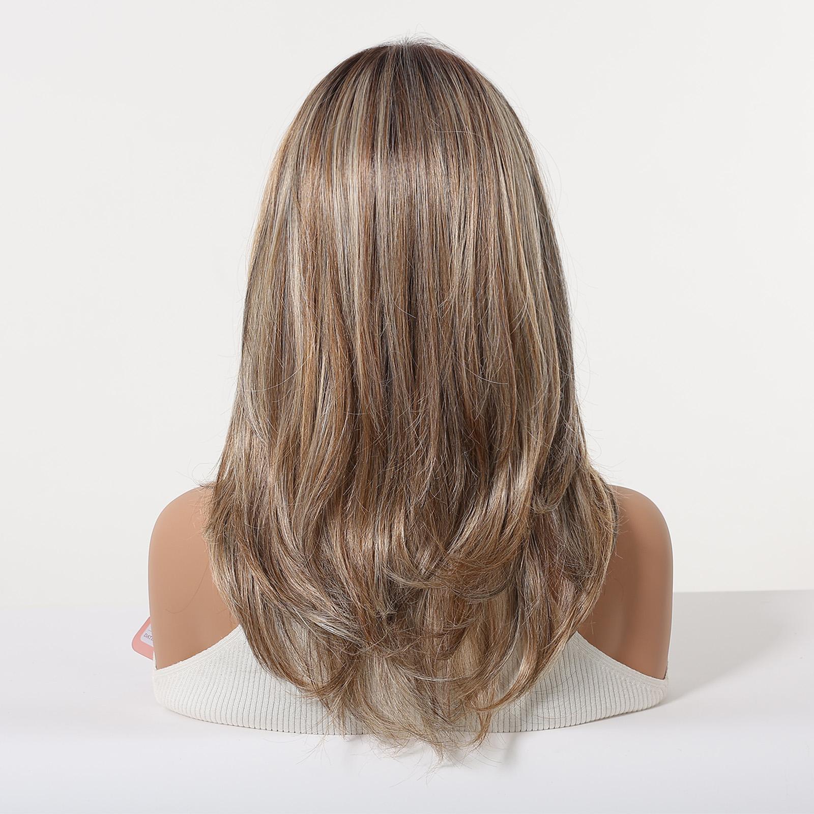 TOPSHE MONO 5.5*5 18 Inch Long Layered Wavy Ombre Brown Blonde Wig Synthetic Hair Heat Resistant Lace Front Wig for Women