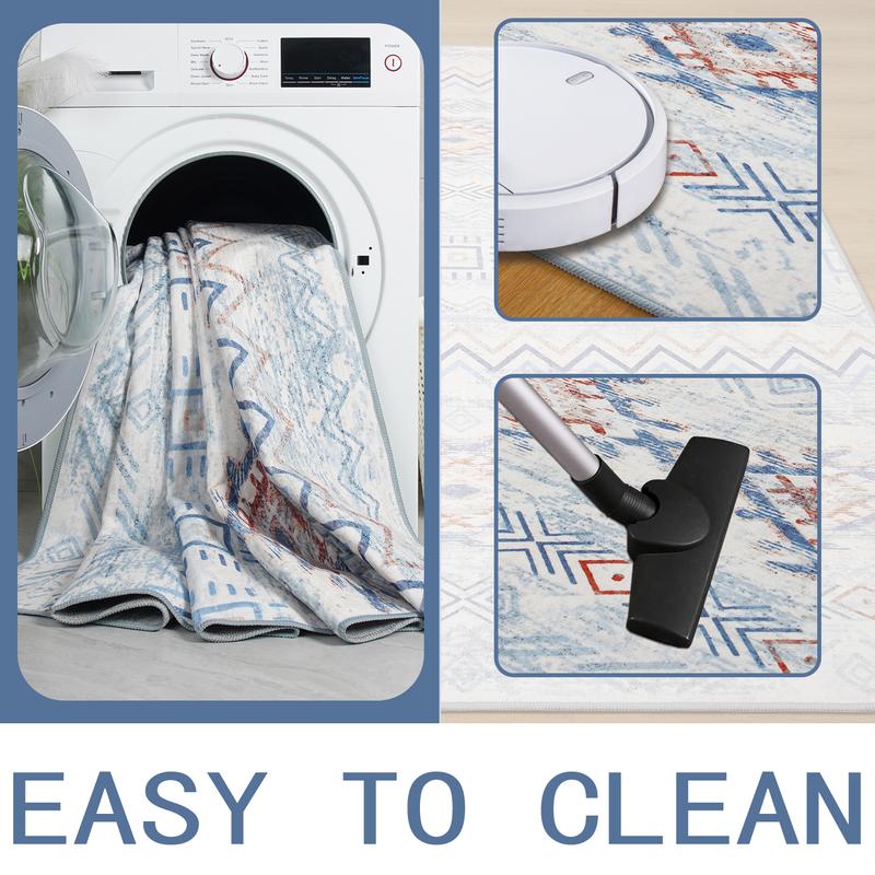 Large Bohemian Faux Cashmere Area Rug, Washable Non-slip Backing Retro Area Rug, Low Pile Area Rug for Living Room, Bedroom, Dining Room, Blue, Red, Beige, 4x6, 5x7, 6x9, 8x10 Feet-S