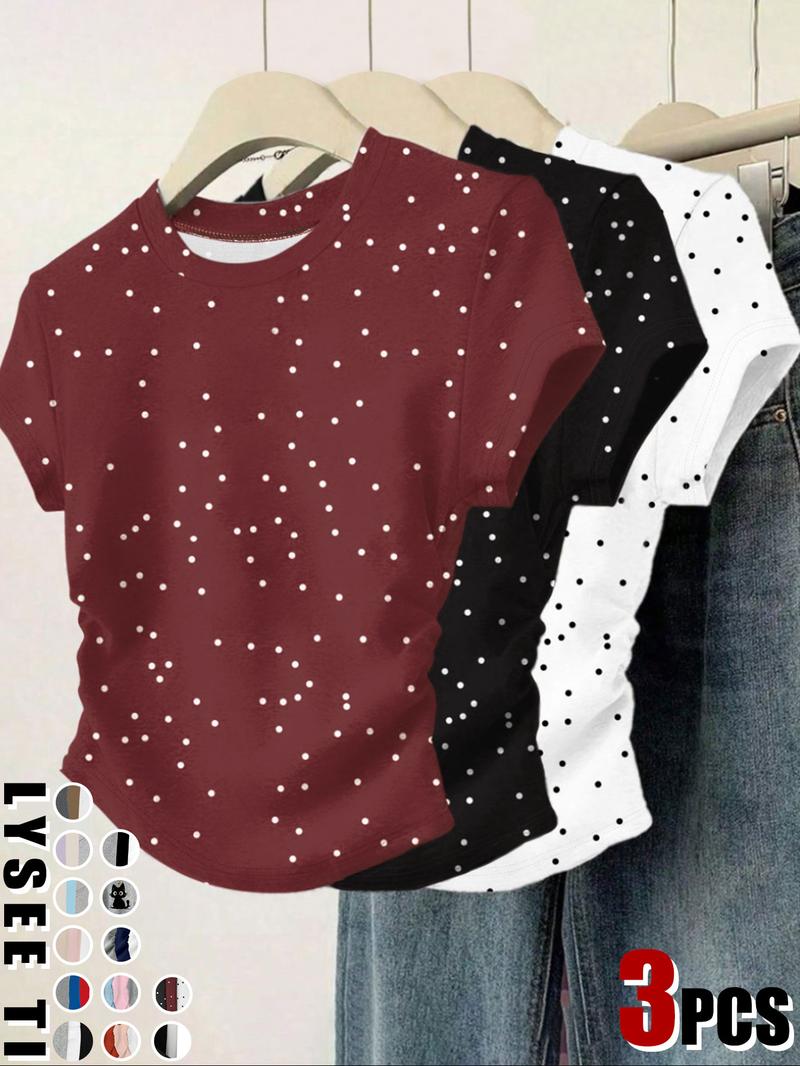 Women's Cat/Bow Print Tee, Casual Short-Sleeve Round-Neck T-Shirt for Daily Wear, Ladies' Clothes for All Seasons