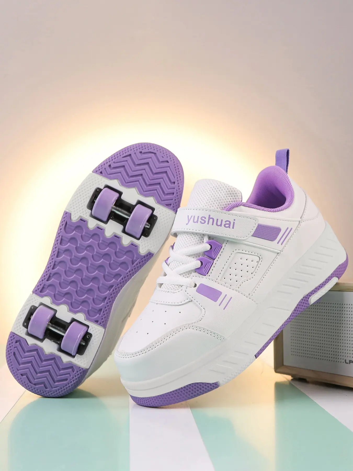 Kids 4-Wheel Detachable Roller Skates, Girls Outdoor Deformable Wheeled Sneakers, Synthetic Leather, Fall Season, Less Than Ankle Height