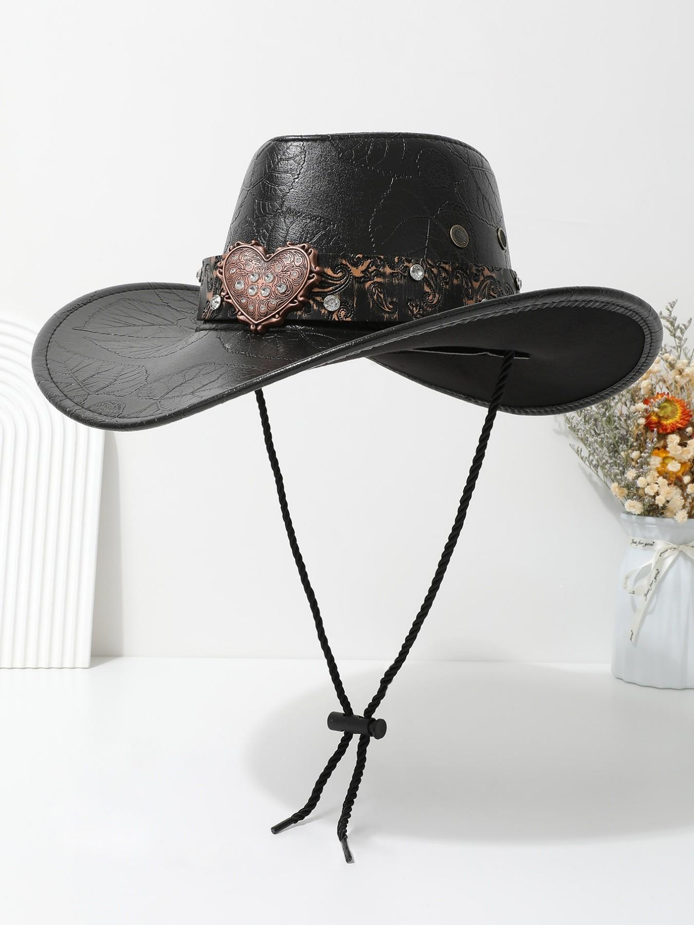 Vintage Heart-Shaped Rhinestone Leather Classic Cowboy Hat, Western Paisley Pattern Sun Hat, Unisex Daily Wear Party Cap