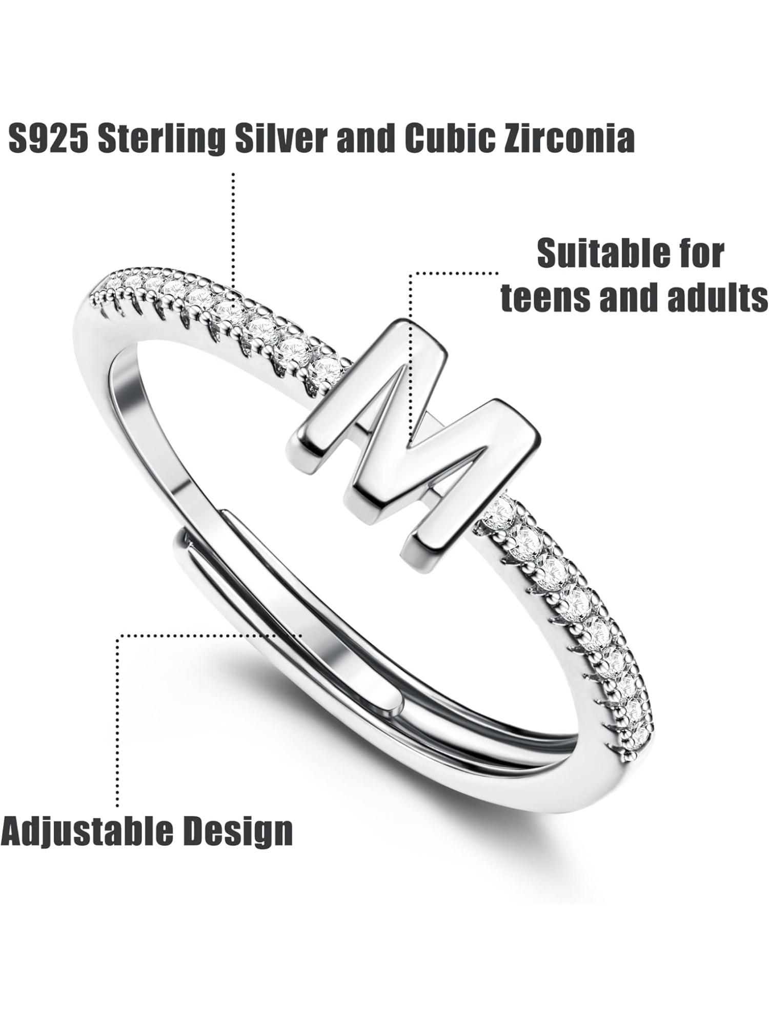 1 Pc S925 Sterling Silver Initial Rings for WAdjustable Silver Gomen, Old Plated Stackable Rings for Women Letter Initial CZ Rings Alphabet Elegant Everyday Ring