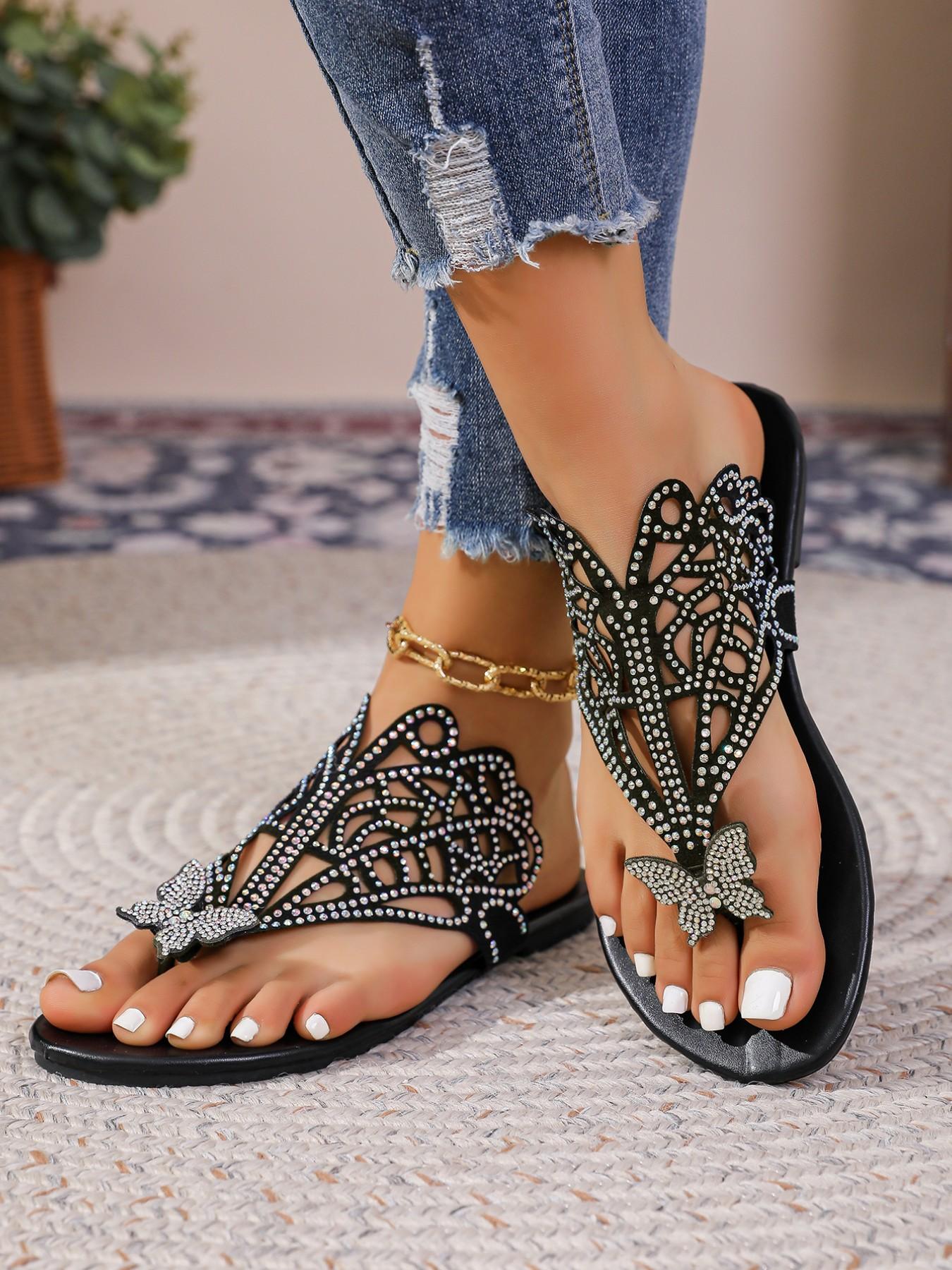 Elegant Rhinestone Butterfly Sandals, French Style Open Toe Flat Slippers, Versatile Outdoor Wear, Comfortable Summer Footwear
