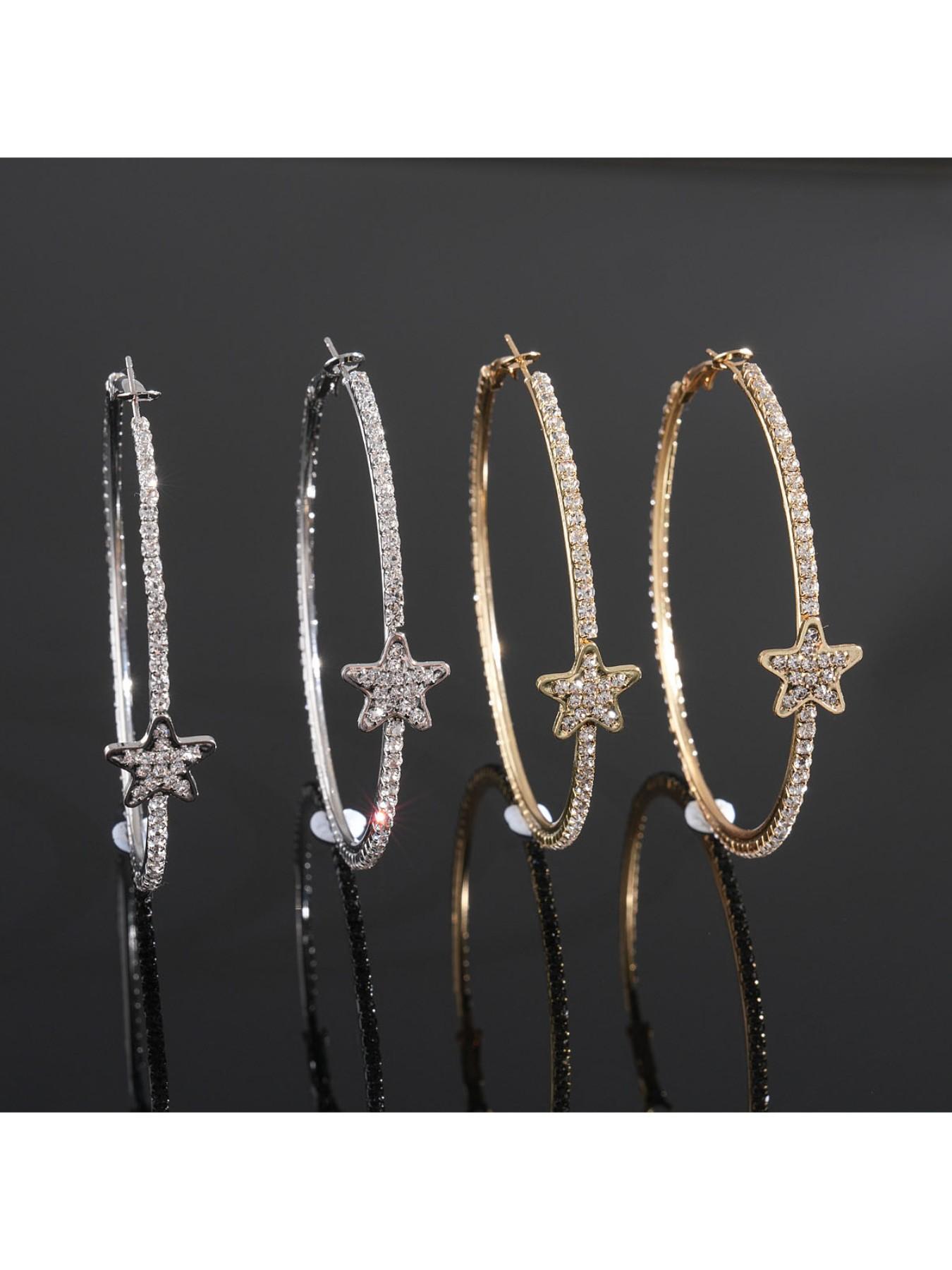 Silver Color Rhinestone Star Round Earrings for Women, Fashion Jewelry, Perfect Gift for Her, Elegant and Stylish Accessories