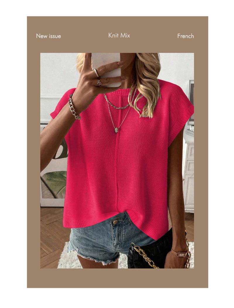 Spring Summer Elegant Versatile Knit Top, French Commute Casual Women's Round Neck Plain Hollow Out Loose T-Shirt