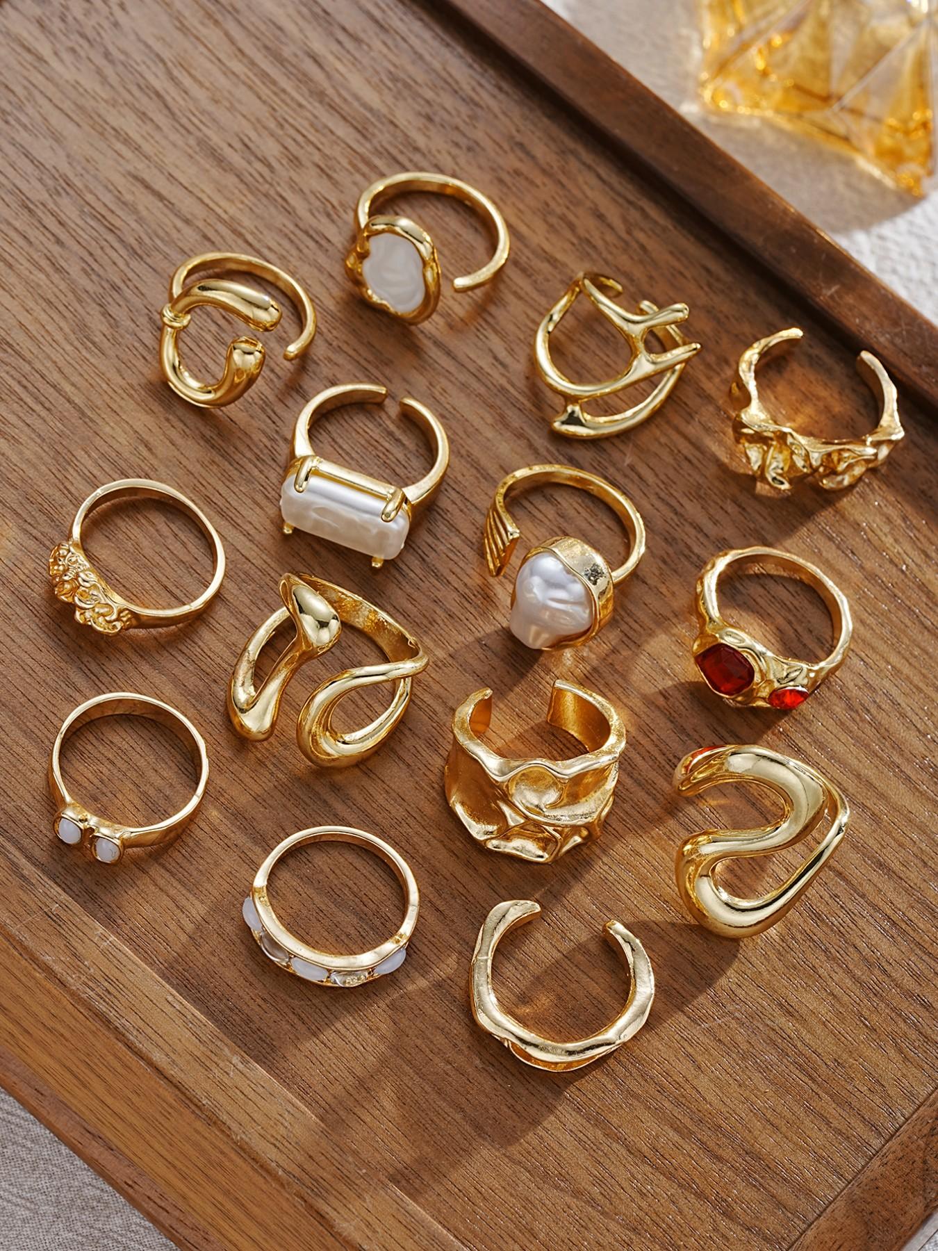 14-Piece Women's Fashion Stackable Rings Set, Vintage Chunky Boho Resin Pearl Colorful Rhinestone Wide Band Rings, Perfect Gift for Girlfriend Mom