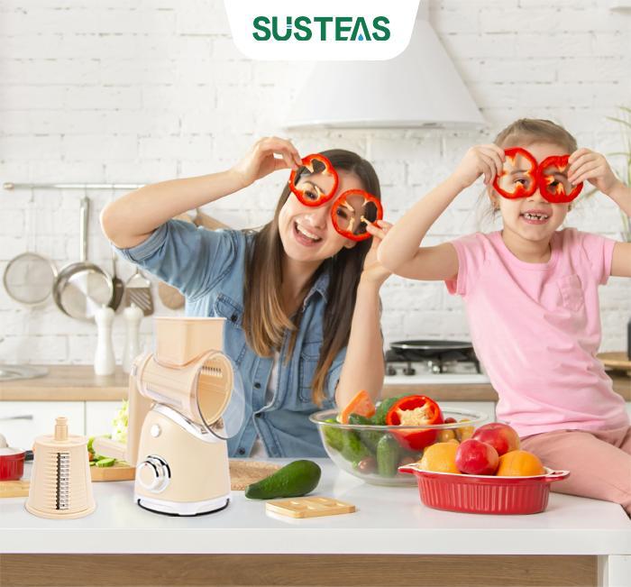 SUSTEAS Do It All with Susteas Our 6-in-1 Grater! Shred, Slice OR Crush Ice Safely – Non-Slip Suction Stays Put & Hand Guard Protects Fingers. Quick Kitchen Magic