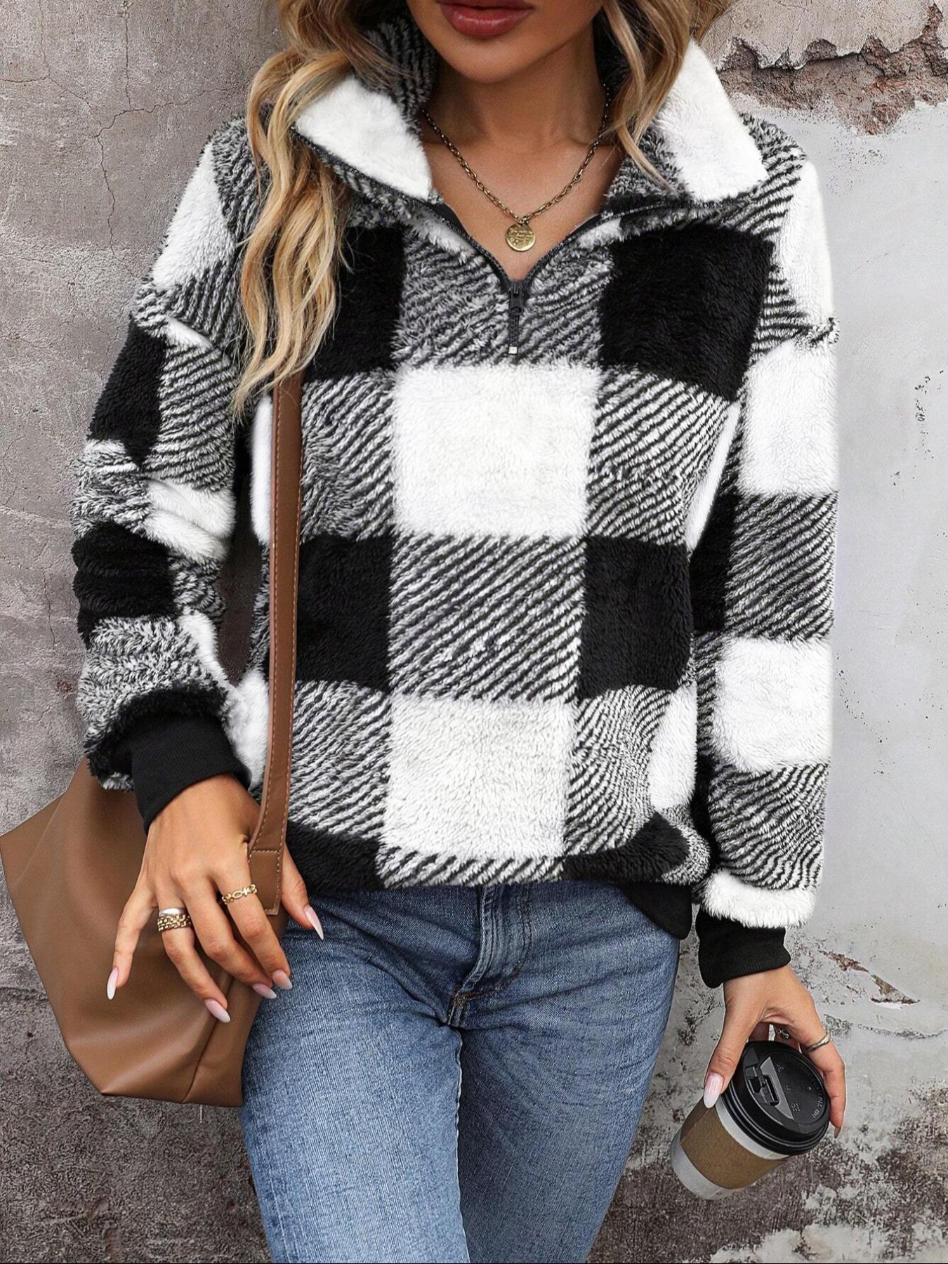 Women's Plaid Fleece Sweatshirt, Casual Fall Winter Half-Zip Pullover Hoodie, Warm Long Sleeve Sporty Top for Ladies