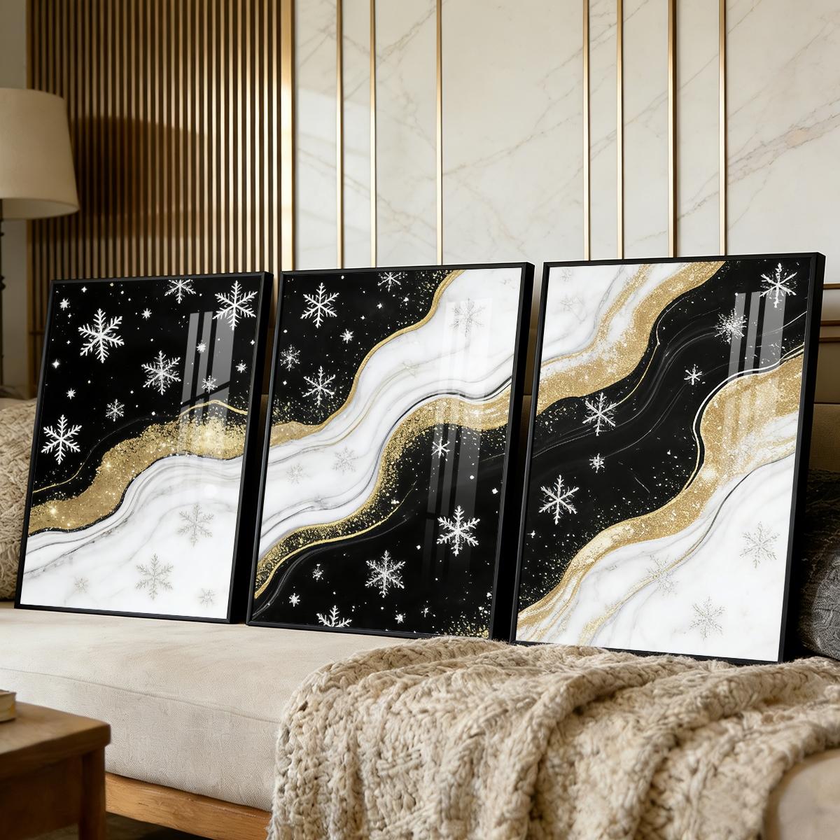 3 Counts Aluminum Alloy Framed Painting, Black White And Gold Snowflake Abstract Art Pictures, Home Decoration For Living Room, Bedroom, Office, Restaurant, Hallway Wall Decor, Odorless Print Artwork, Luxury Perfect Gift For Friends And Family