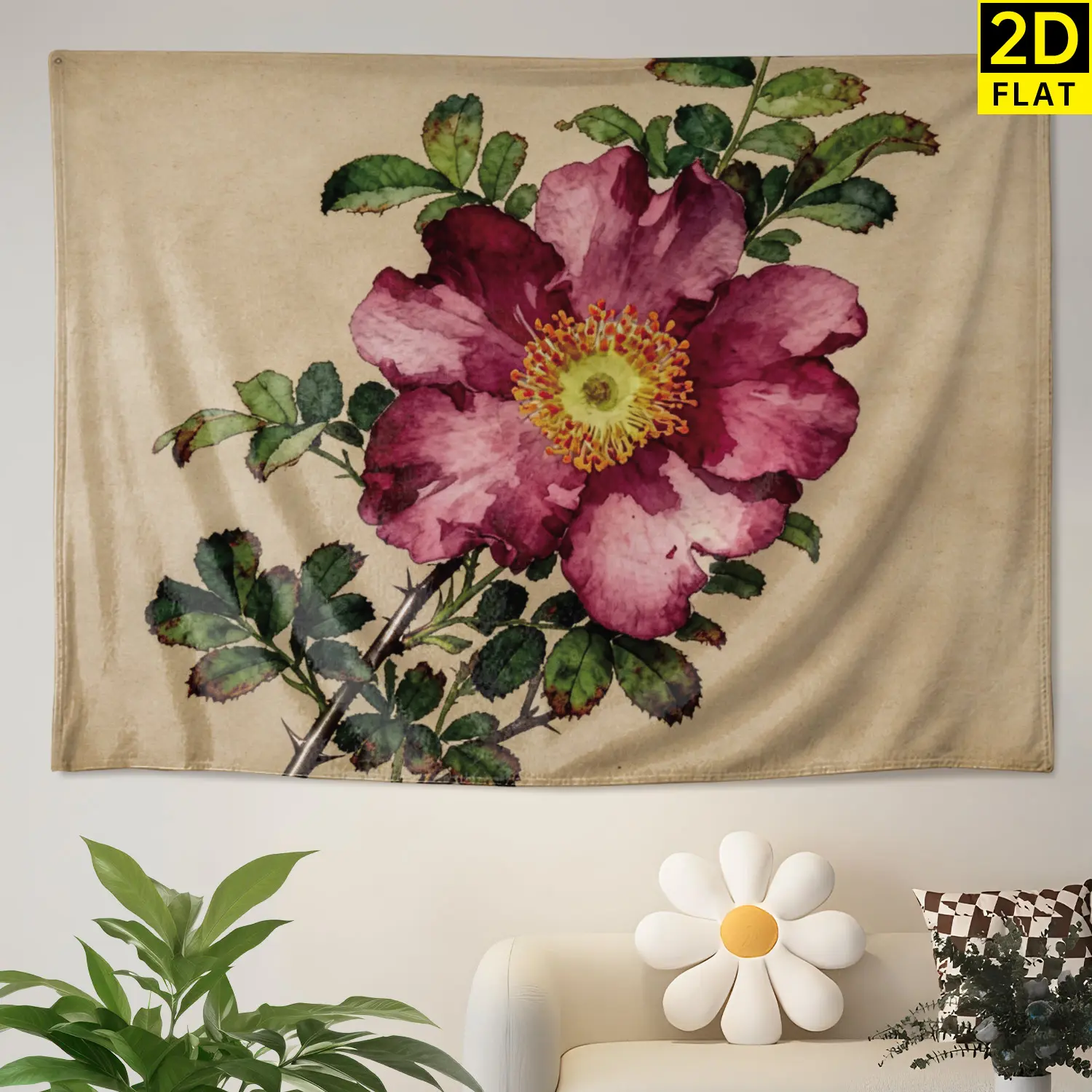 Vintage Watercolor Rose Botanical Flower Wall Tapestry - Large Horizontal Polyester Colorfast Wall Decor Artwork, No-Installation Room Decor Blanket, Gift Idea for Family & Friends (Indoor/Outdoor Use)